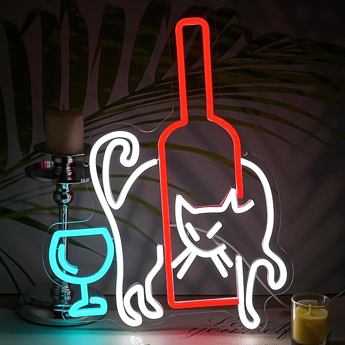 LISIGNVE Cat Beer Neon Sign LED Wine Glass Light up Sign for Bar Wall Decor USB Dimmable Cat Neon Light Cocktail neon Light sign for Living Room Home Bar Man Cave Animal Themed Gathering