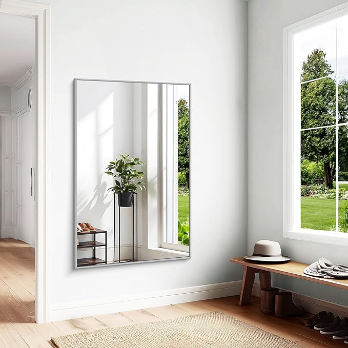 KOCUUY Silver Bathroom Mirror, 55"x36" Large Rectangle Bathroom Mirror for Wall, HD Tempered Glass, Anti-Rust Brushed Silver Frame, Modern Design for Bathroom, Bedroom, Hang Horizontal/Vertical