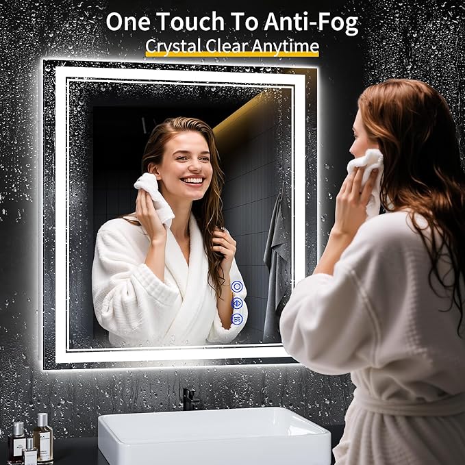 32"x30" LED Bathroom Mirror with Anti-Fog, Stepless Dimmable Lights, 3 Color Modes, Shatter-Proof Tempered Glass, Memory Function & Waterproof Design