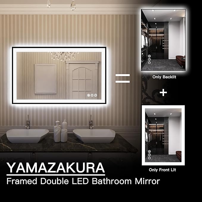 LED Bathroom Mirror 40x24 with Backlit and Front Lighted, Framed Dimmable Illuminated Mirror for Wall Anti-Fog Shatterproof (Horizontal/Vertical)