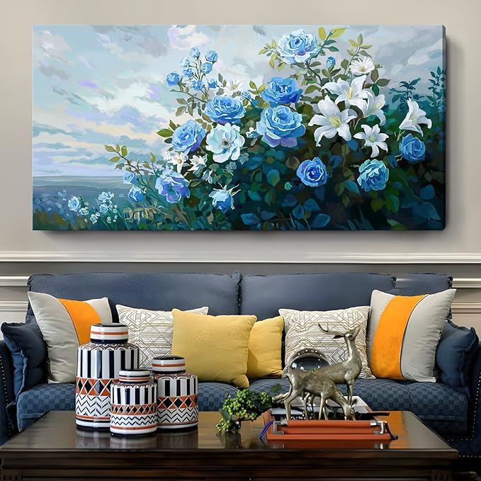 Nicetop Extra Large Floral Canvas Art for Living Room – Elegant Botanical Wall Picture with White Lilies, Blue Roses & Green Leaves – Horizontal Nature Artwork for Bedroom, Office, Kitchen, 58x29 Inch