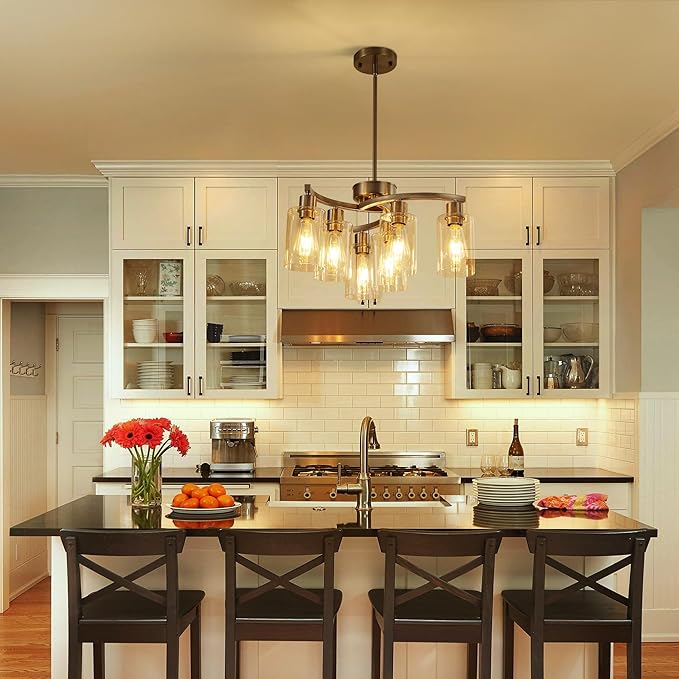 6 Light Modern Brushed Nickel Pendant Light Fixture for Dining Room，Kitchen Pendant Lighting Over Island，Adjustable Height Farmhouse Dining Chandeliers Over Table，with Glass Shade