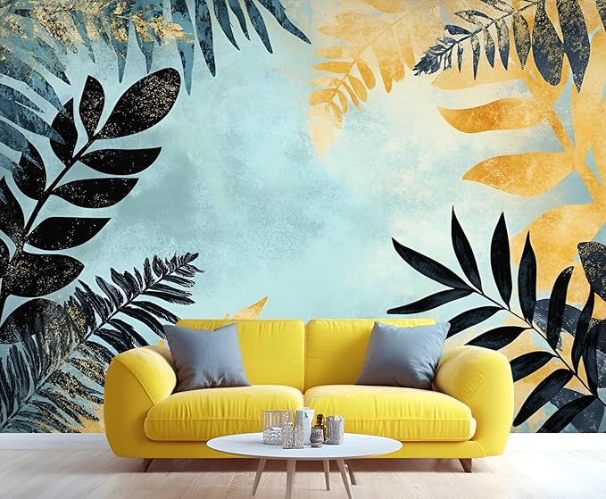 Black Gold Leaf Mural Wallpaper, Cartoon Palm Leaf Murals, 3D Tropical Plants Murals Wallpaper for Living Room Bedroom Tv Background Wall Home Decor Mural (Not Peel Stick)