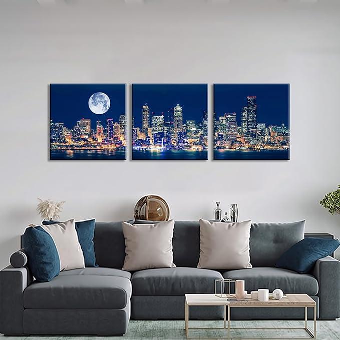NAN Wind Panoramic Seattle Skyline Night Canvas Art Full Moon Over City Wall Decor 3 Panel Modern Urban Cityscape Print Blue Harbor Illuminated Skyscrapers Living Room Office Bedroom Home Decoration