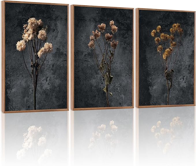 LHIUEM Dark Moody Wildflowers Framed Canvas Wall Art Set of 3(12”X16”) Minimalist Wildflower Wall Decor Vintage Black Flower Botanical Painting Aesthetic Floral Artwork for Living Room Bedroom Office