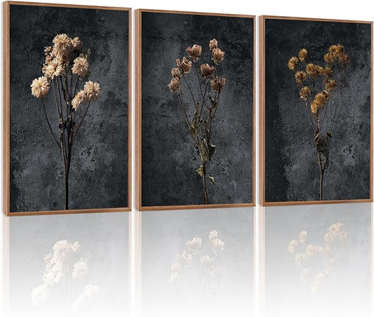 LHIUEM Dark Moody Wildflowers Framed Canvas Wall Art Set of 3(12”X16”) Minimalist Wildflower Wall Decor Vintage Black Flower Botanical Painting Aesthetic Floral Artwork for Living Room Bedroom Office