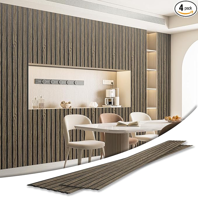 Art3d 4-Pack Glue-On Six-Grid Wainscoting Panel for Interior Wall Decor - 104 x 12 Inch Polystyrene Ultralight Slim Slat Wall Panels for Living Room Bedroom, Walnut