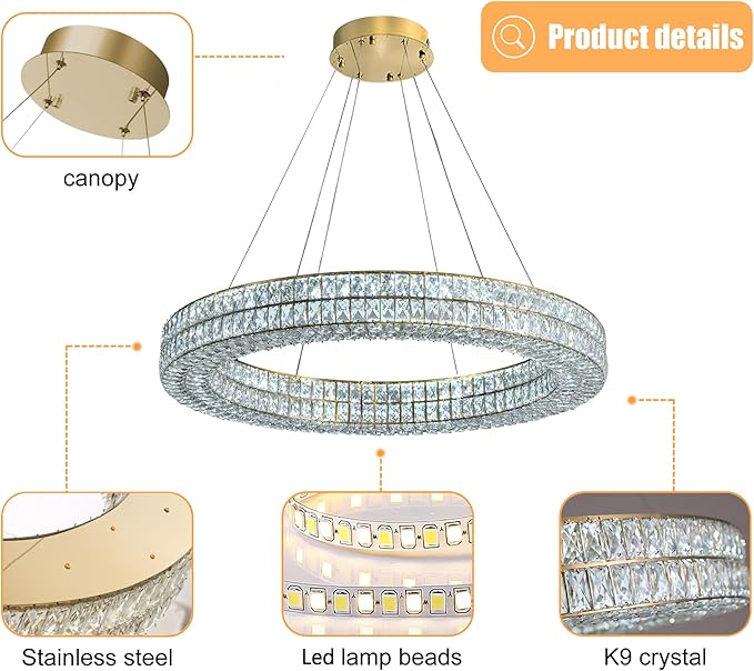 Led 32in Gold Ring Chandelier, Modern Crystal Chandelier Lighting Hanging Ring Adjustable,Round Crystal Ceiling Light Fixture for Living Room Dining Room Bedroom