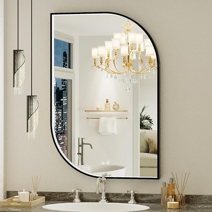 24X32 Inch LED Mirror for Bathroom with Lights,Black Frame Lighted Irregular Wall Mirror,Asymmetrical Vanity Mirror,Anti-Fog,Dimmable
