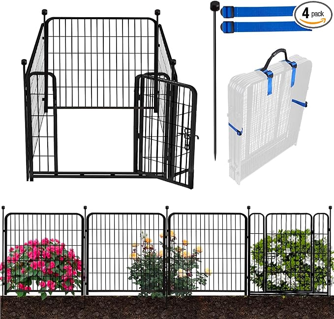ADAVIN Dog Playpen Indoor 32 inch 4 Panels, Garden Fence with Low Threshold Door, Dog Fences for The Yard, Pet Puppy Playpen for Small and Medium Dogs, Outdoor Dog Fence Dog Pen, Total 8.9 Ft(L)