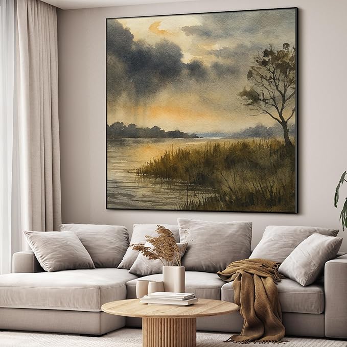 46"x46" XL Framed Wall Art - Golden Dusk River Landscape Watercolor Nature Scene (Frame Assembly Required)