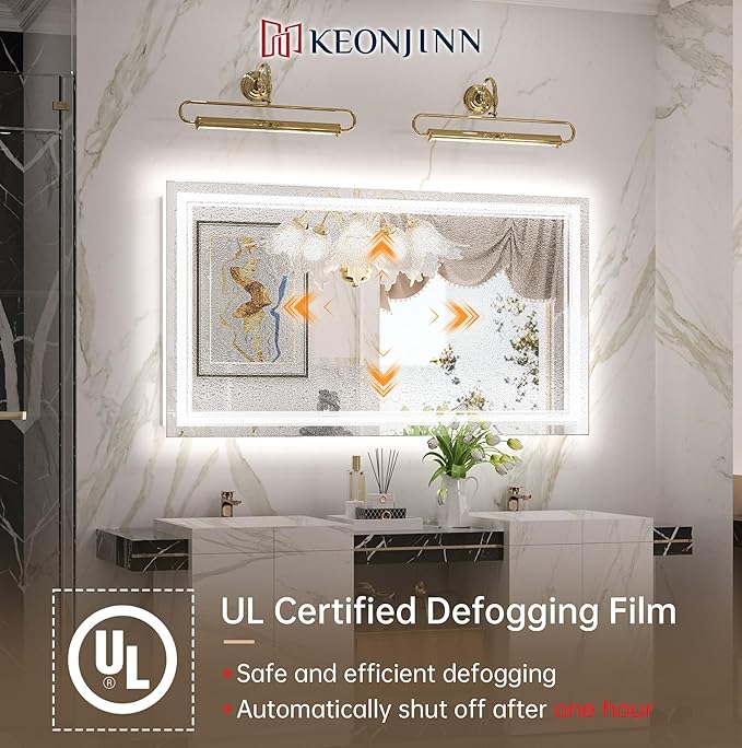 Keonjinn LED Bathroom Mirror with lights, 55" x 30" with Frontlit and Backlit, Stepless 3 Colors Temperature & Dimmable Large Tempered Glass Mirror, UL Listed LED Driver Double LED Strip Vanity Mirror