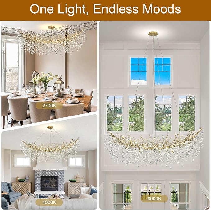 Modern Crystal Chandelier, 63" Large Rectangular Chandeliers for Dining Room, Gold Chandelier Light Fixture Raindrop FoyerChandelier Tree Branch Chandeliers for Living Room