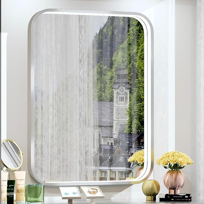 24x32 Inch Silver LED Mirror for Bathroom with Lights, Adjustable 3000K/4500K/6000K, Wall Mounted Lighted Bathroom Vanity Mirrors, Memory Funtiom, Dimmable, Anti-Fog, Horizontal/Vertical