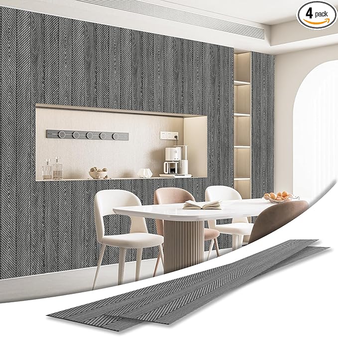 Art3d 4-Pack Glue-On Herringbone Wainscoting Panel for Interior Wall Decor - 104 x 12 Inch Polystyrene Ultralight Slim Slat Wall Panels for Living Room Bedroom, Weathered Teak