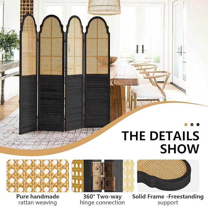 4 Panel Rattan Room Divider, 6 FT Tall Portable Partition Solid Wood Frame Folding Privacy Screen, Partition Room Divider Ideal for Bedroom Living Room Office, Black