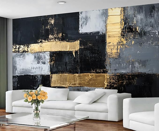 Black White Graffiti Mural Wallpaper, Gold Stripes Murals, Modern Fashion Art Murals, Wallpaper for Living Room Bedroom Boy Girl Room Home Decor Mural (Not Peel Stick)