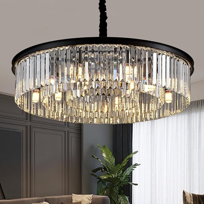 31.5" 12-Light Modern Crystal Chandelier Light Fixtures 3 Rings Black Luxury Chandeliers for Living Room Glam Round Hanging Ceiling Pendant Lighting for Entryway Kitchen Bedroom Dining Room