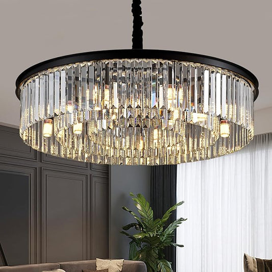 31.5" 12-Light Modern Crystal Chandelier Light Fixtures 3 Rings Black Luxury Chandeliers for Living Room Glam Round Hanging Ceiling Pendant Lighting for Entryway Kitchen Bedroom Dining Room