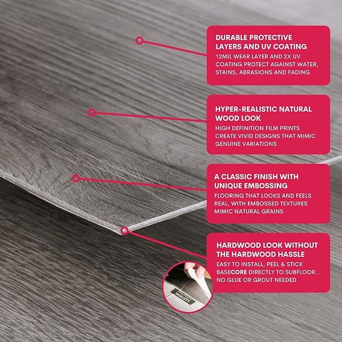 LUCiDA SURFACES Luxury Vinyl Flooring Tiles-Peel and Stick Floor Tile for DIY Installation-Sample Wood-Look Plank-Kiln-Basecore-6 inch x 12 inch