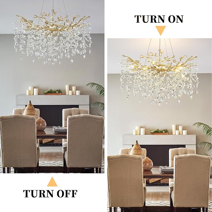 Modern Gold Crystal Chandeliers 31.5" Luxury K9 Crystal Large Chandelier for Living Room Mid Century Tree Branch Chandelier Ceiling Pendant Lighting Fixture for Bedroom Kitchen Staircase