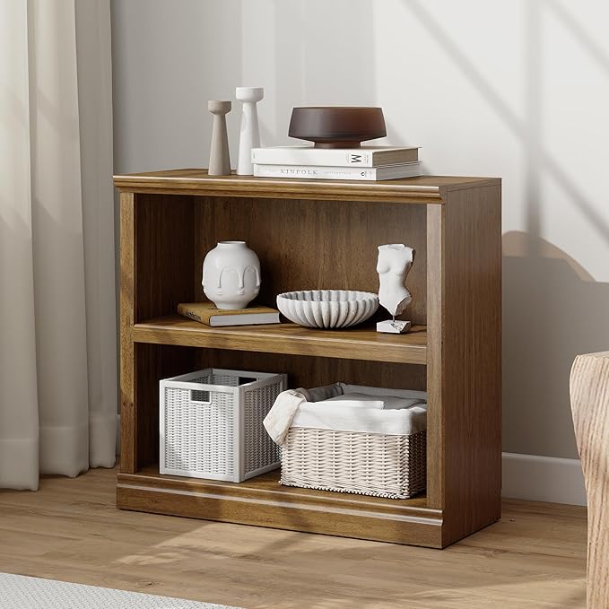 Bookcase, 2 Tiers S Bookshelf Open Storage Organization, Floor Standing Indoor Furniture Book Case for Library Office Living Room Bedroom, Vintage Oak - 2 Tier