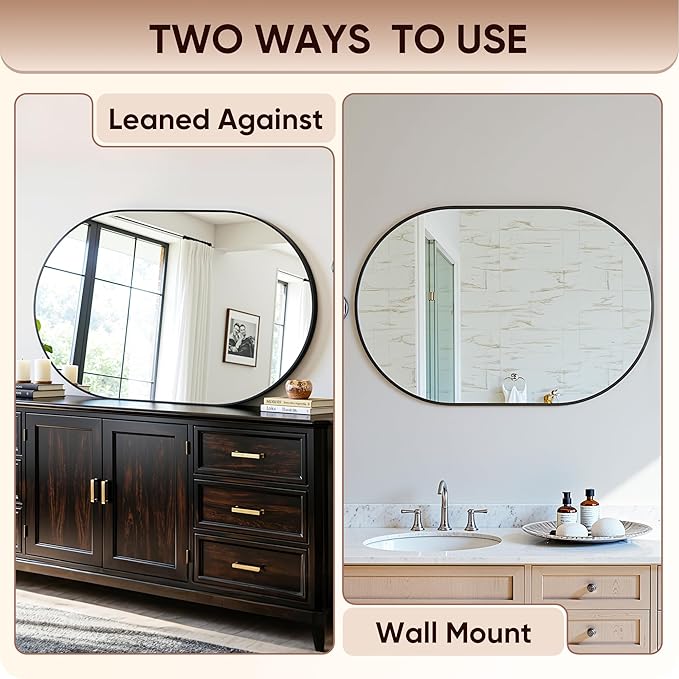 Antok 2PCS Wall Mirror, 24"x36" Bathroom Vanity Mirror, Anti-Rust HD Tempered Glass, Wall Mounted Mirrors for Living Room, Entryway, Hallway, Black Frame, Oval