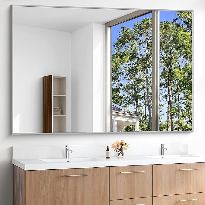 KOCUUY Silver Bathroom Mirror, 60"x40" Large Rectangle Bathroom Mirror for Wall, HD Tempered Glass, Anti-Rust Brushed Silver Frame, Modern Design for Bathroom, Bedroom, Hang Horizontal/Vertical