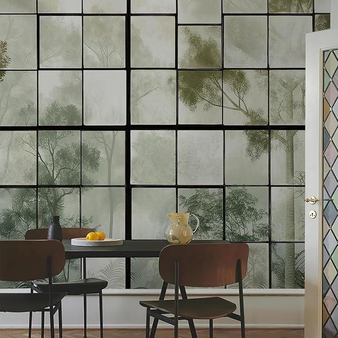 Large 3D Faux Window Wall Mural Peel and Stick 148" W x 110" H 3D Foggy Forest Glass Window Green Natural Landscape Art Decor Wallpaper for Bedroom Office Living Room Canvas Wall Paintings