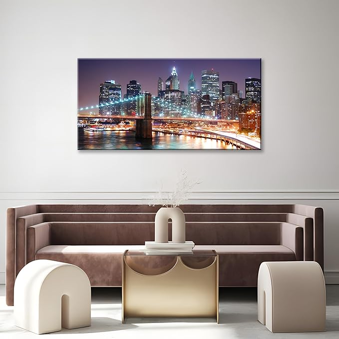 NAN Wind 1PCS New York City Skyline Canvas Wall Art Brooklyn Bridge at Sunset Golden Hour Manhattan Cityscape Pictures Canvas Artwork East River Reflection Modern Urban Home Decor Living Room Office