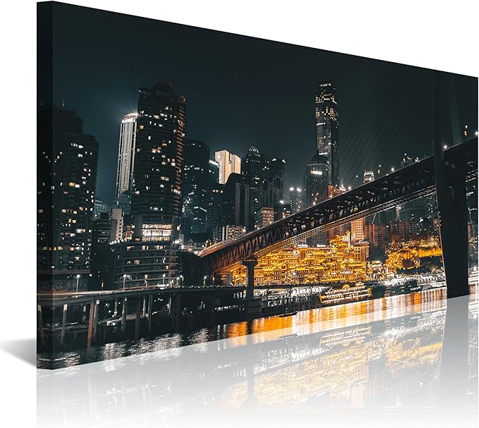 NAN Wind 1PCS Chongqing City Nightscape Canvas Wall Art Illuminated Chinese Skyline with Bridge Skyscrapers Modern Urban Landscape Photography Print for Living Room Office Bedroom Decor