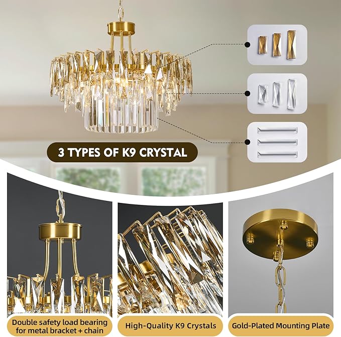 Modern Gold Round Crystal Dining room Chandelier - 19.7'' Luxury Raindrop K9 Crystals Chandeliers,Contemporary 3 Tier Ceiling Light Chandelier for Living room Bedroom Foyer Entryway (Include bulbs)