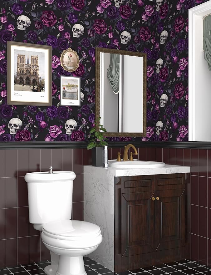 Black Floral Wallpaper Peel and Stick 17.4" x 393" Gothic Floral Vintage Sugar Skull Contact Paper Removable Self Adhesive Waterproof Covering for Cabinet Drawers Home Decor