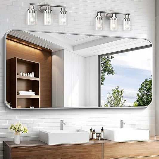 KOCUUY Silver Bathroom Mirror, 60x30 Inch Large Bathroom Mirror for Over Sink, HD Tempered Glass, Anti-Rust Brushed Silver Frame, Rounded Corner Modern Design for Bathroom, Hang Horizontal/Vertical