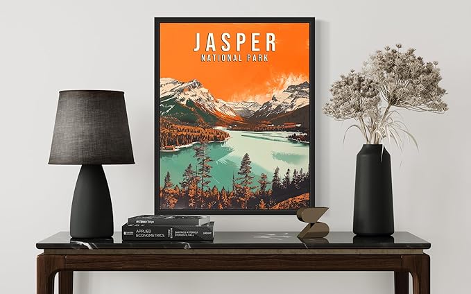 Jasper National Park Wall Art Poster Print, Vintage Retro Landscape Scenery Painting Artwork Travel Prints Decor Cityscape Landmarks Gallery 27 (Jasper National Park, 8 x 10 inches, Black Frame)
