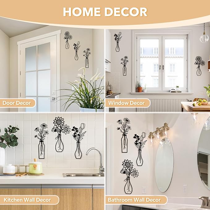 Mcdagogn 3 Pieces Metal Flowers Wall Arts - Rustic Farmhouse Wall Decor, Minimalist Black and White Wall Decor for Living room Bathroom Bedroom Dining Room Kitchen Office - Housewarming Gifts