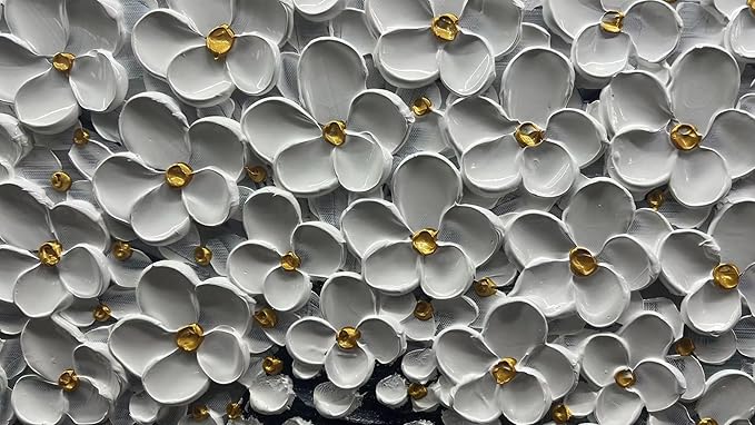 Modern White Floral Wall Art Canvas, 3D Textured Flowers in Black Vase, Hand-Painted Bouquet Painting for Living Room