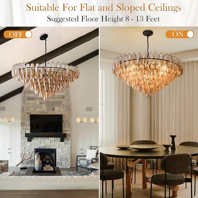 Large Chandelier, 37" Smoke Glass Chandelier for Living Room, 14-Light Round Drum Kitchen Island Hanging Light Fixture Perfect for Dining Room, Bedroom,Kitchen, Foyer- Black