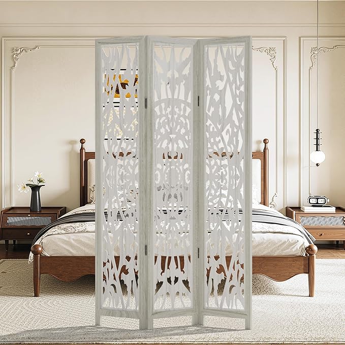 Casaphoria 3 Panels Room Divider, Folding Screen Room Divider with Carved Floral Pattern for Home Office, Restaurant and Bedroom, Paulownia Wood, 47" W x 67" H (White)