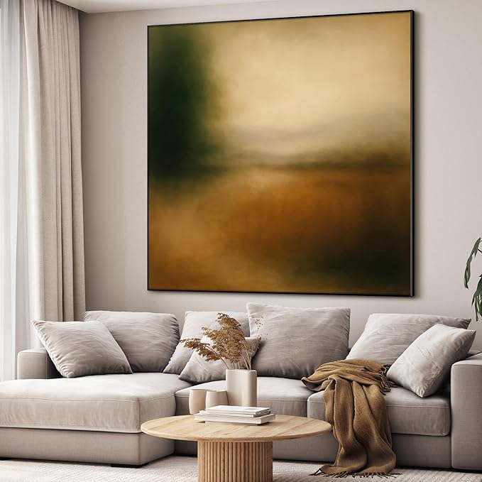 72"x72" XL Framed Wall Art - Abstract Blurred Landscape Warm Earth Tone Minimalist Painting Minimalist Foggy Forest Tranquil (Frame Assembly Required)