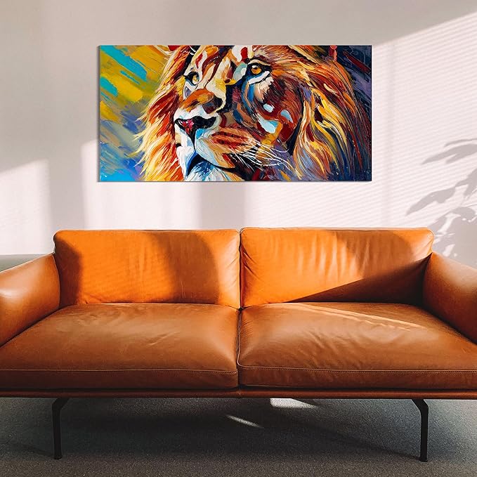 AmoyArt Lion Canvas Wall Art for Living Room, Animal Wall-Decor for Bedroom, Colorful Print Picture for Home, Size 48x24 Inches