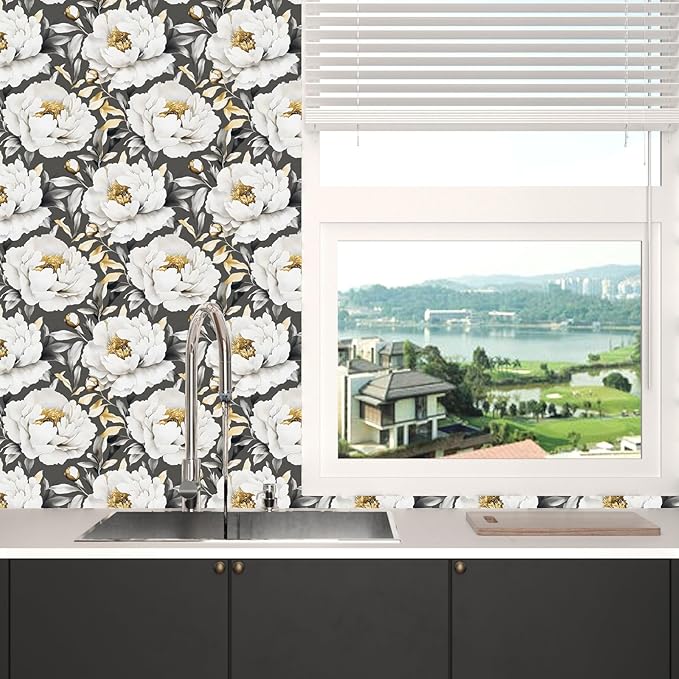 Boho Wallpaper Peel and Stick Dark Floral Wallpaper for Cabinet 17.5x118in Waterproof Removable Modern Large Flowers Leaf Wall Paper for Room Walls Bathroom Decor