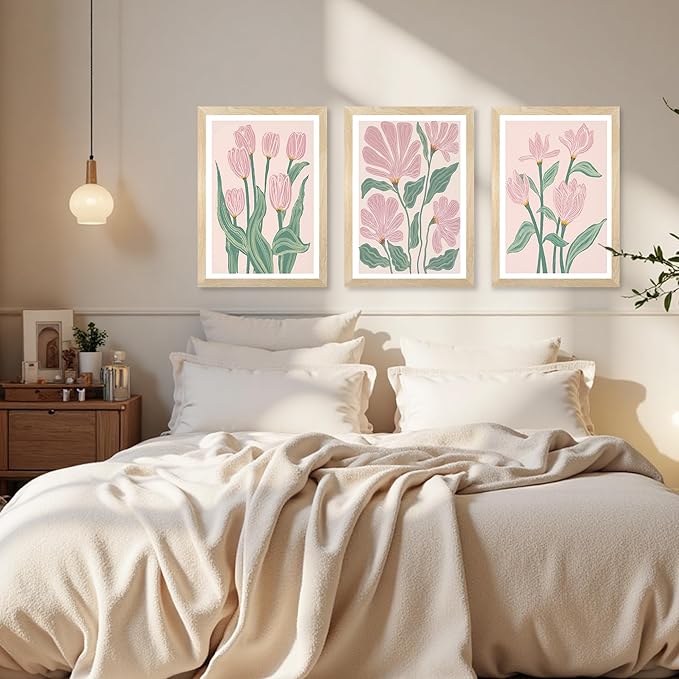 JLTULT 3 Piece Pink Abstract Tulips Floral Wall Art, Boho Green Botanical Wall Decor, Modern Flowers Paintings Art Prints for Living Room Bedroom Home Farmhouse Office16x24 Framed inch Ready to Hang