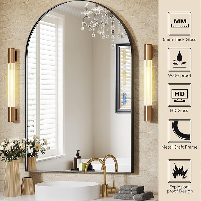 Brightify Arched Mirror, Arched Wall Mirror, 24 x 36 Inch Black Arch Mirror, Metal Frame Black Bathroom Mirror, Arched Top Bathroom Vanity Mirror for Living Room Bedroom Mantel Entryway Hallways