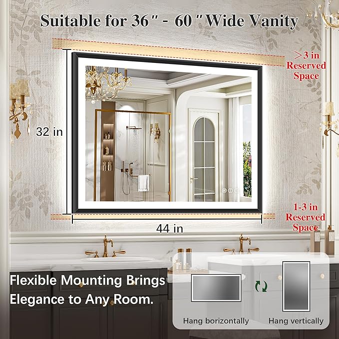 44x32 Black Framed Led Bathroom Mirror with Lights, Front Lit and Backlit, Lighted Vanity Mirror for Bathroom Wall, Anti-Fog, Dimmable, 3 Colors, Memory, HD Tempered Glass