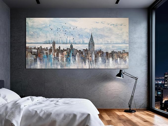 Arjun Cityscape Wall Art New York City Skyline Picture Modern Abstract Grey NYC Skyline City Painting Framed Artwork for Bedroom Living Room Home Office Decor, Extra Large 58"x29"