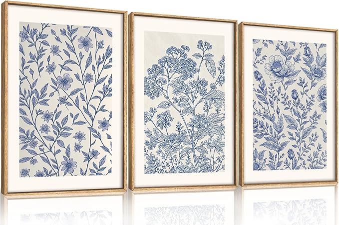 Large Classic Chinoiserie Flower Framed Canvas Wall Art Set,Minimalist Blue and White Floral Wall Decor,Navy Watercolor Botanical Blossom Artwork for Living Room,Bedroom-24 x36 x3