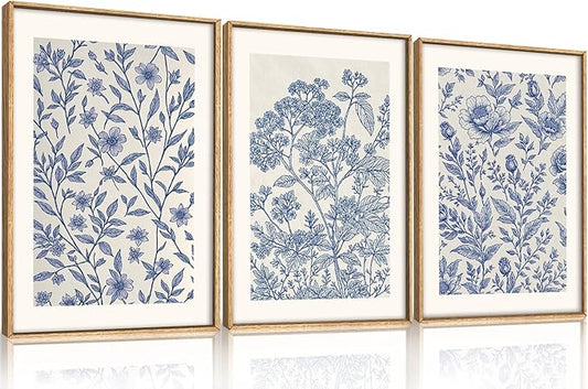 Large Classic Chinoiserie Flower Framed Canvas Wall Art Set,Minimalist Blue and White Floral Wall Decor,Navy Watercolor Botanical Blossom Artwork for Living Room,Bedroom-16 x24 x3