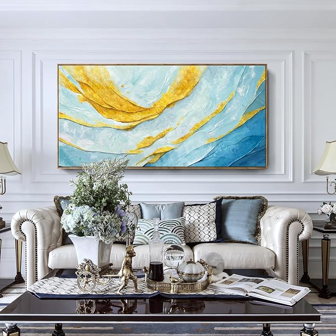 Nicetop Extra Large Framed Abstract Canvas Wall Art – Blue Gold Modern Oversized Picture Flowing Lines Art Print – Horizontal Wall Decor with Wood Frame for Living Room Bedroom Home Office 58x29Inch