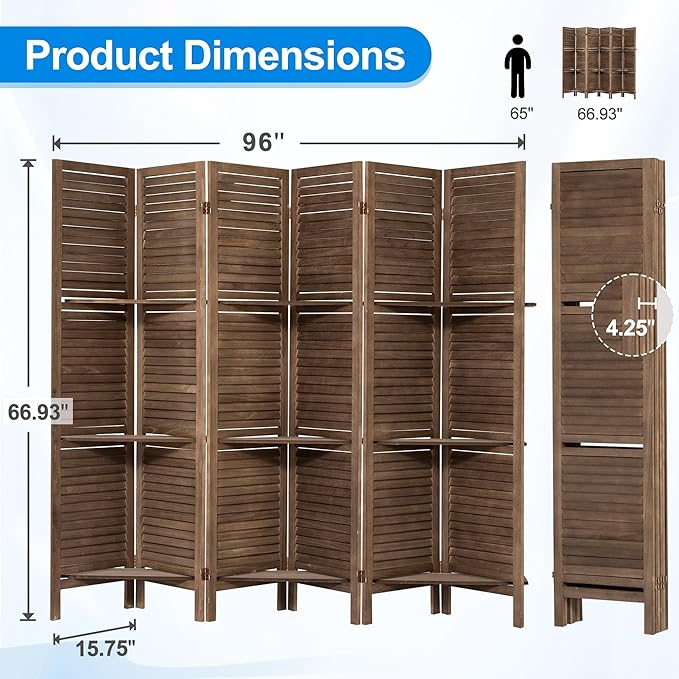 6 Panel Room Divider 5.6FT Louvered Design Room Dividers with Display Shelves Folding Privacy Screens Portable Freestanding Partition Wall Dividers for Bedroom & Office, Dark Brown